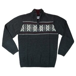 Haggar Sz Medium Mens Sweater Fair Isle Quarter Zip Charcoal Gray White Red Knit